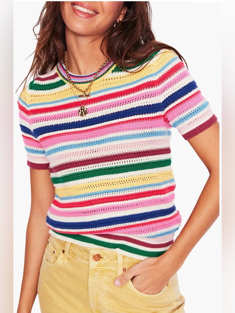 Boden Open Stitch Cotton Crewneck Striped Sweater Large